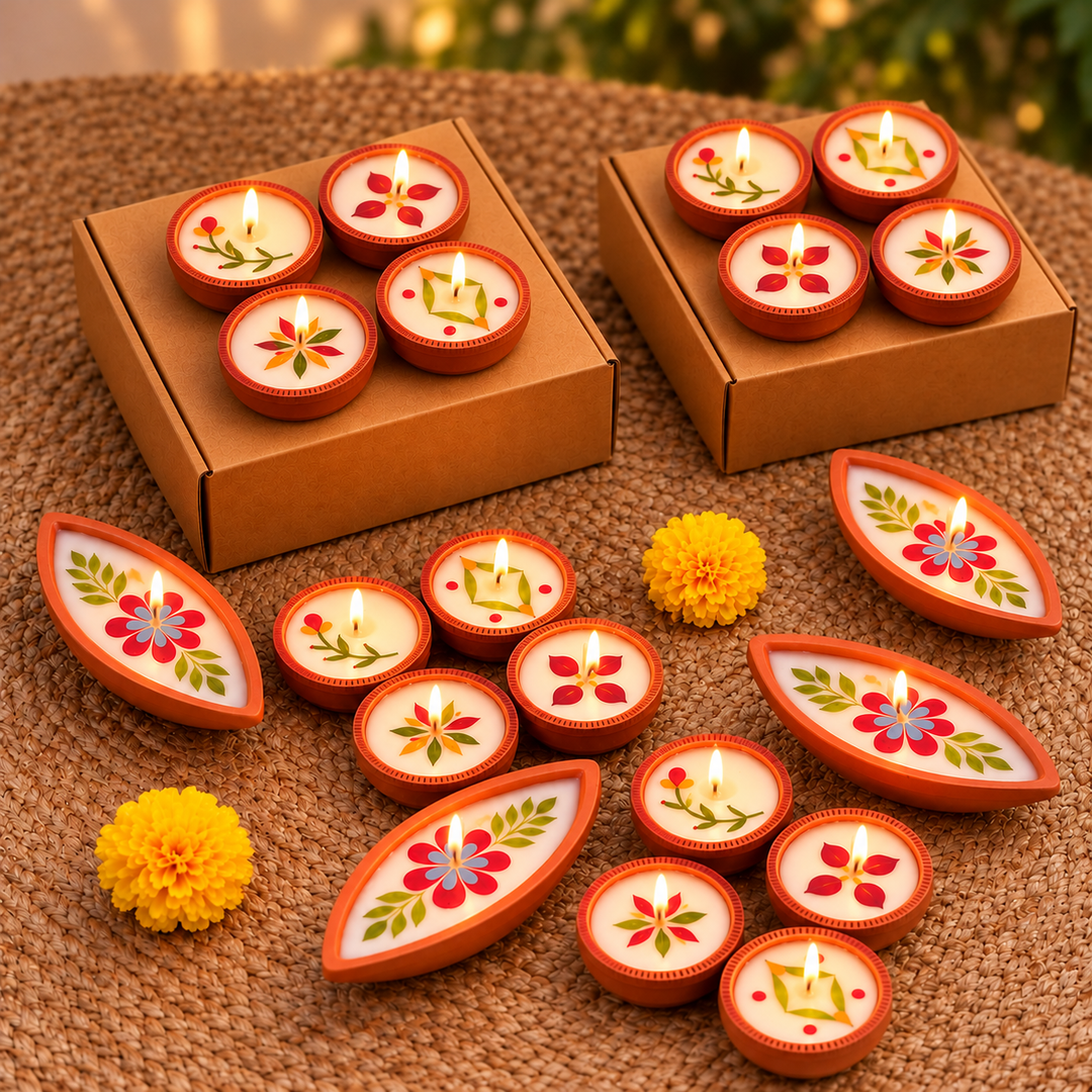 Set of 20 | Soy Wax & Dry Flower Terracotta Festive Diyas | 4 Boat Diyas + 16 Round Diyas