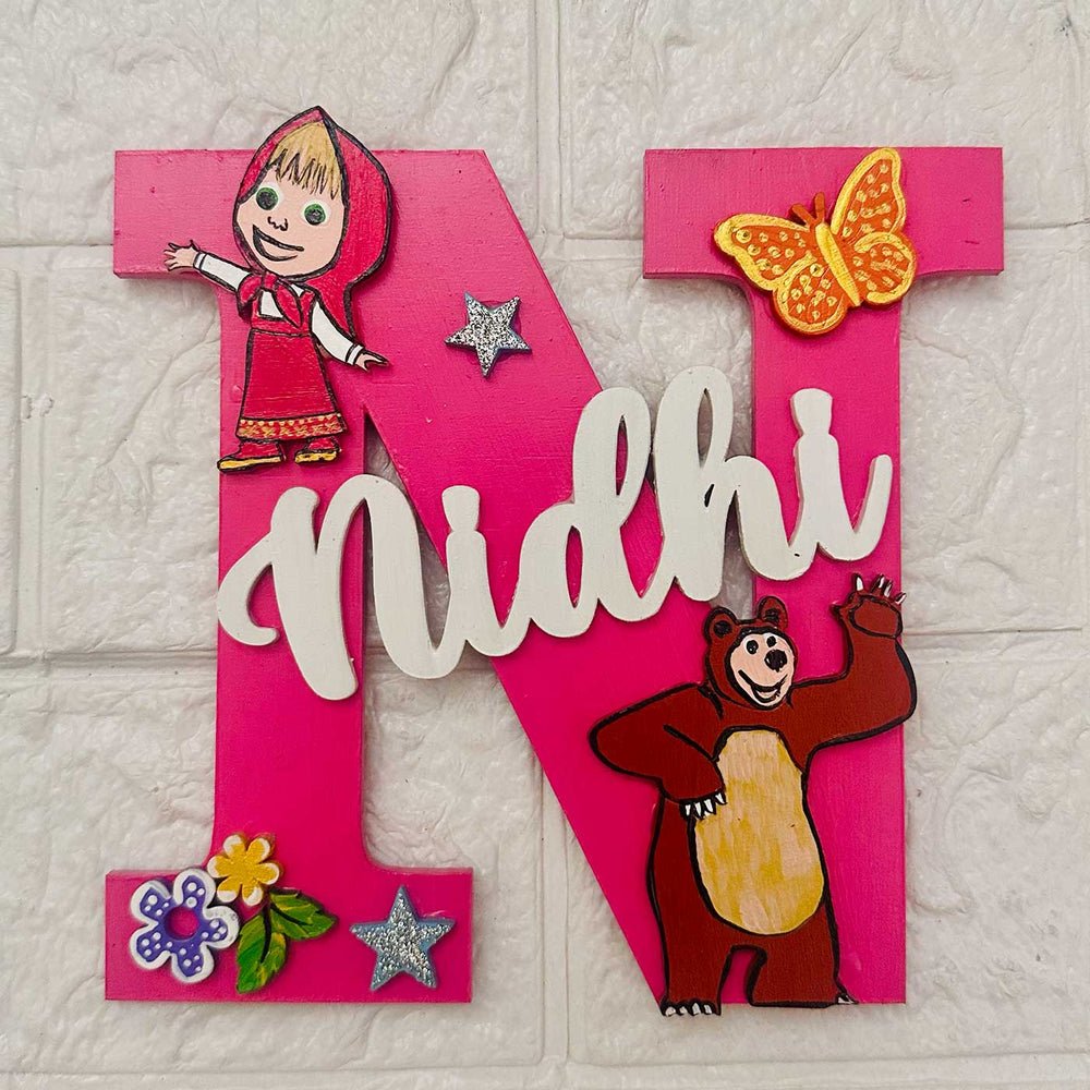 Personalized Hand Painted Masha And Bear Adventure Mdf Wood Monogram With 3D Letters - Front View with Name Personalization