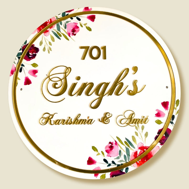 Personalised Printed Floral Round Acrylic Nameplate Copy - Front View with Name Personalization