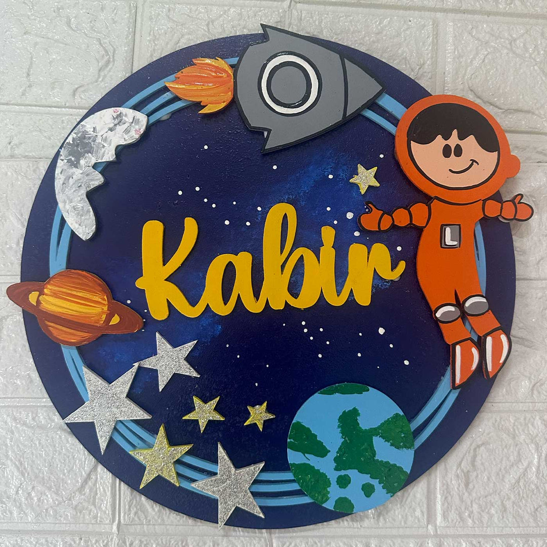 12 Inch Personalized Hand Painted Astronaut Adventure Mdf Wood Hanging With 3D Letters - Front View Name Personalization Example