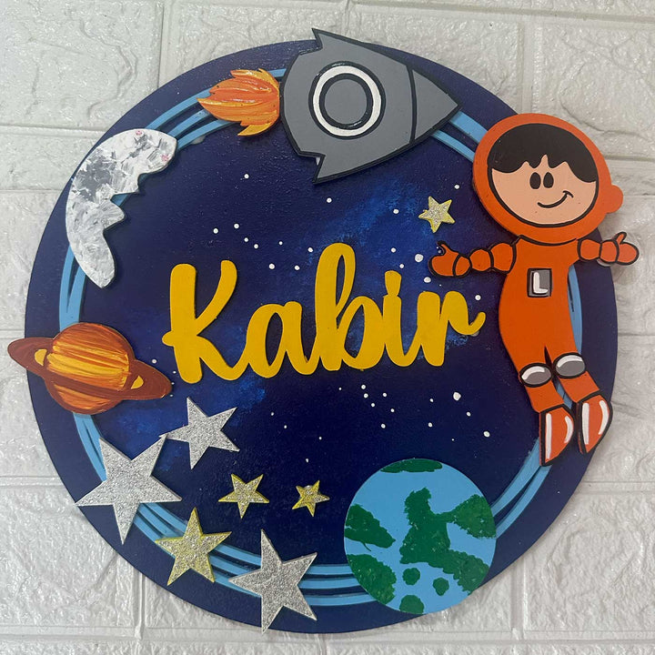 12 Inch Personalized Hand Painted Astronaut Adventure Mdf Wood Hanging With 3D Letters - Front View Name Personalization Example