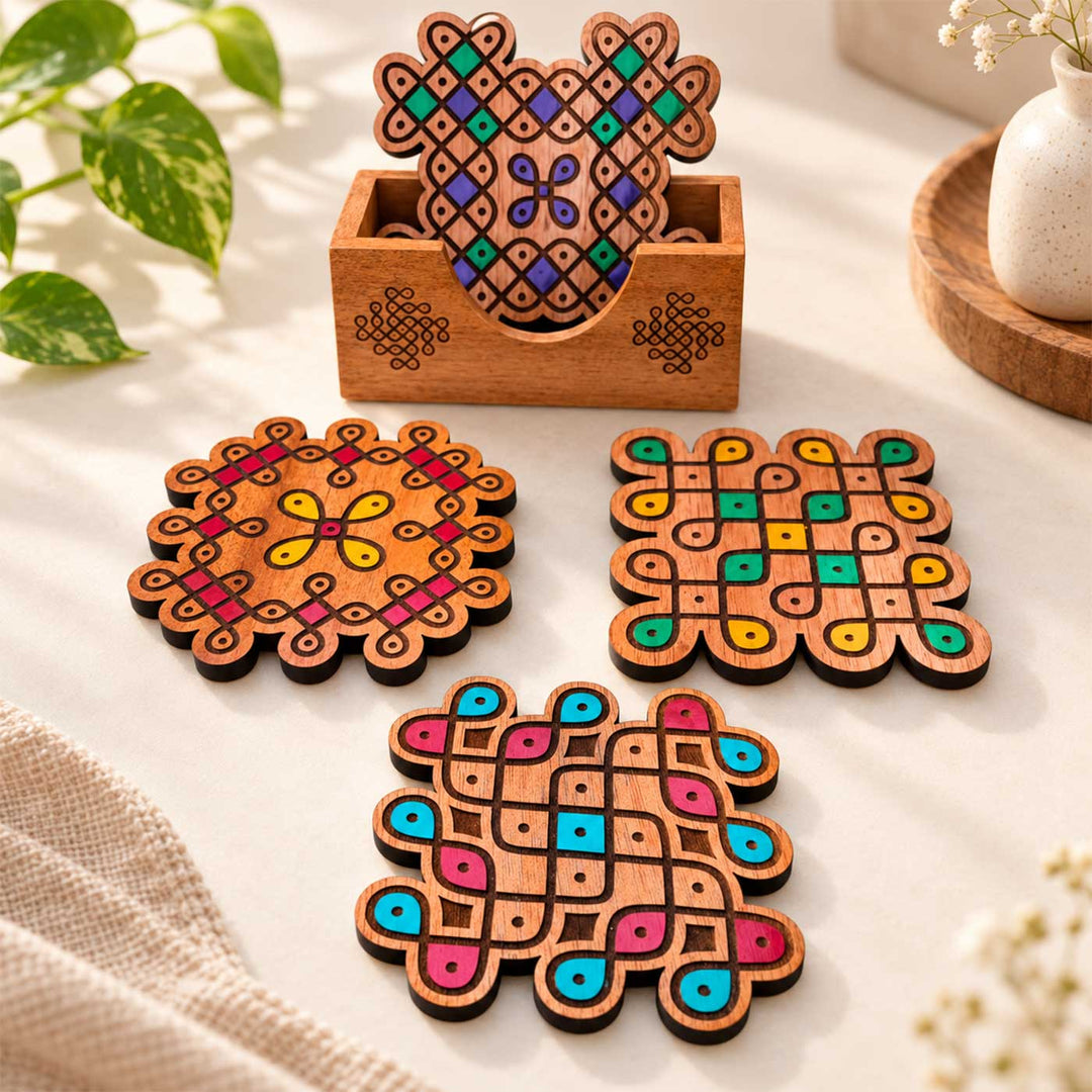 4 pc | Hand-Painted Engraved Mahogany Wood Kolam Coasters With Holder For Coffee Table & Dining Decor