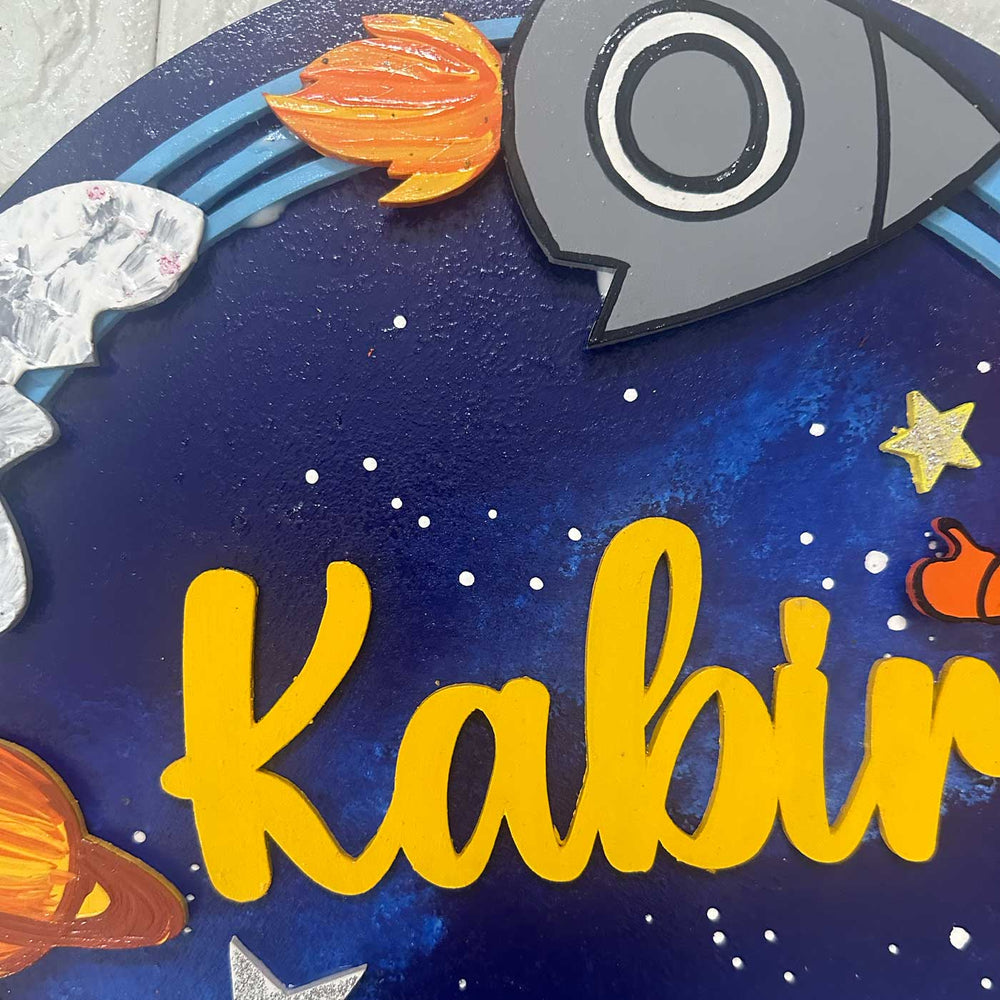 12 Inch Personalized Hand Painted Astronaut Adventure Mdf Wood Hanging With 3D Letters - Personalization Close-up Showing Name