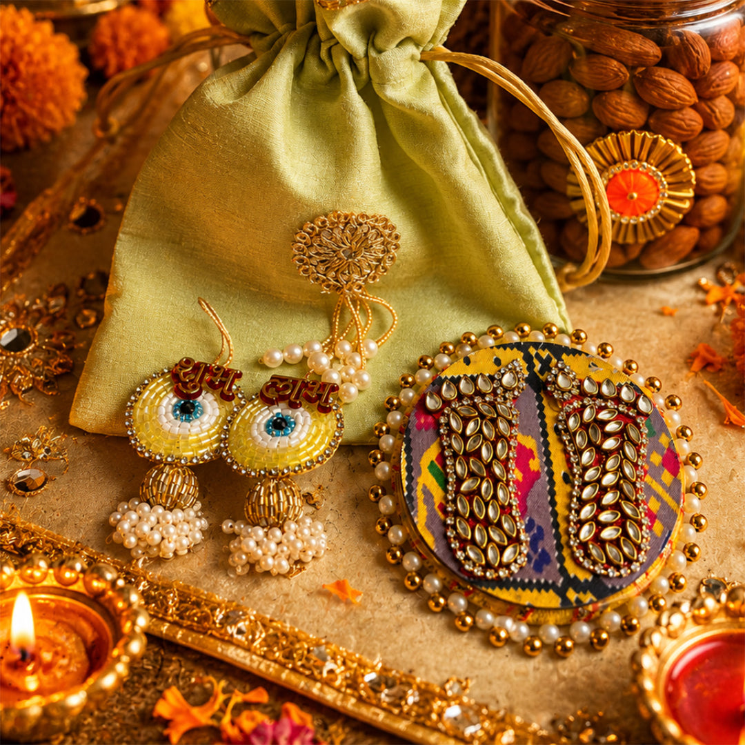 Rangoli Multicolour Jute Basket Diwali Gift Hamper With Matka Soy Wax Candle And Shubh Labh Potli For Festive Gifting
