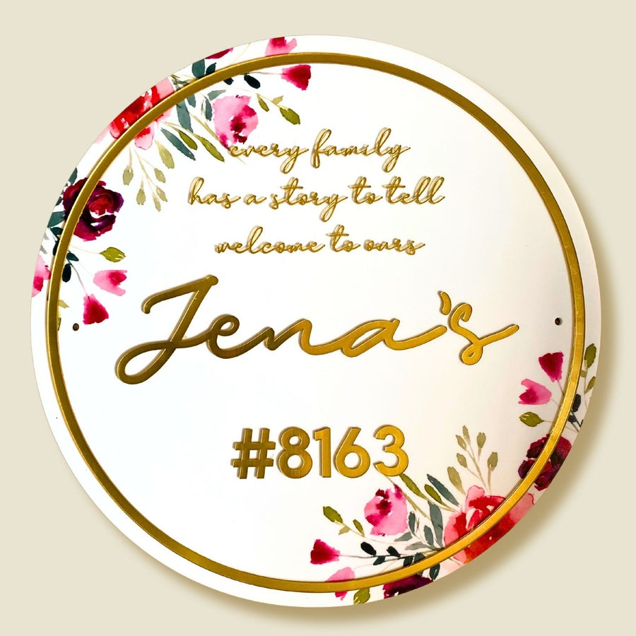 Personalised Printed Floral Round Acrylic Nameplate Copy 1 - Front View with Personalization Example