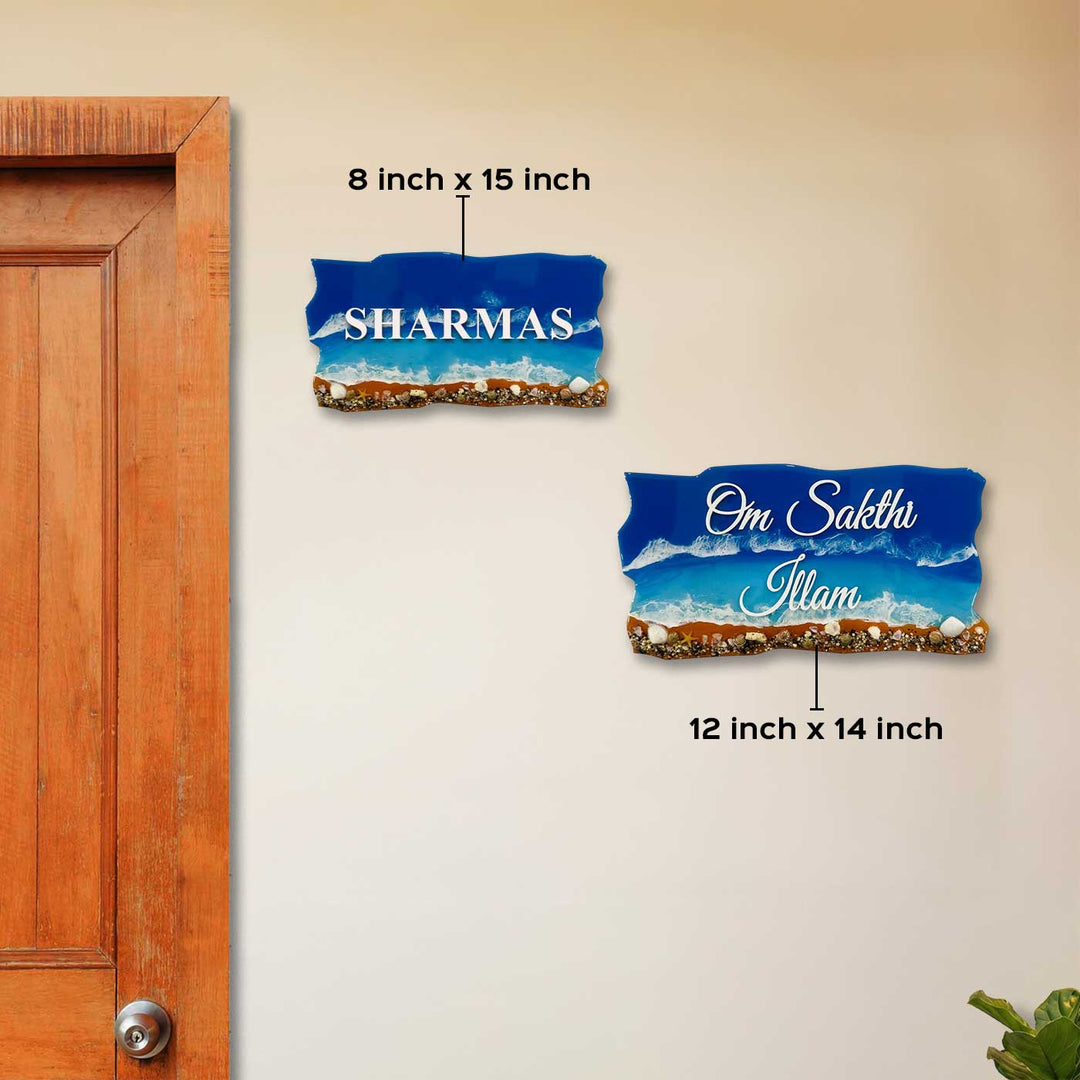 Dark Blue Personalized Ocean Effect Wavy Rectangle Resin Name Plate | With 3D Acrylic Letters