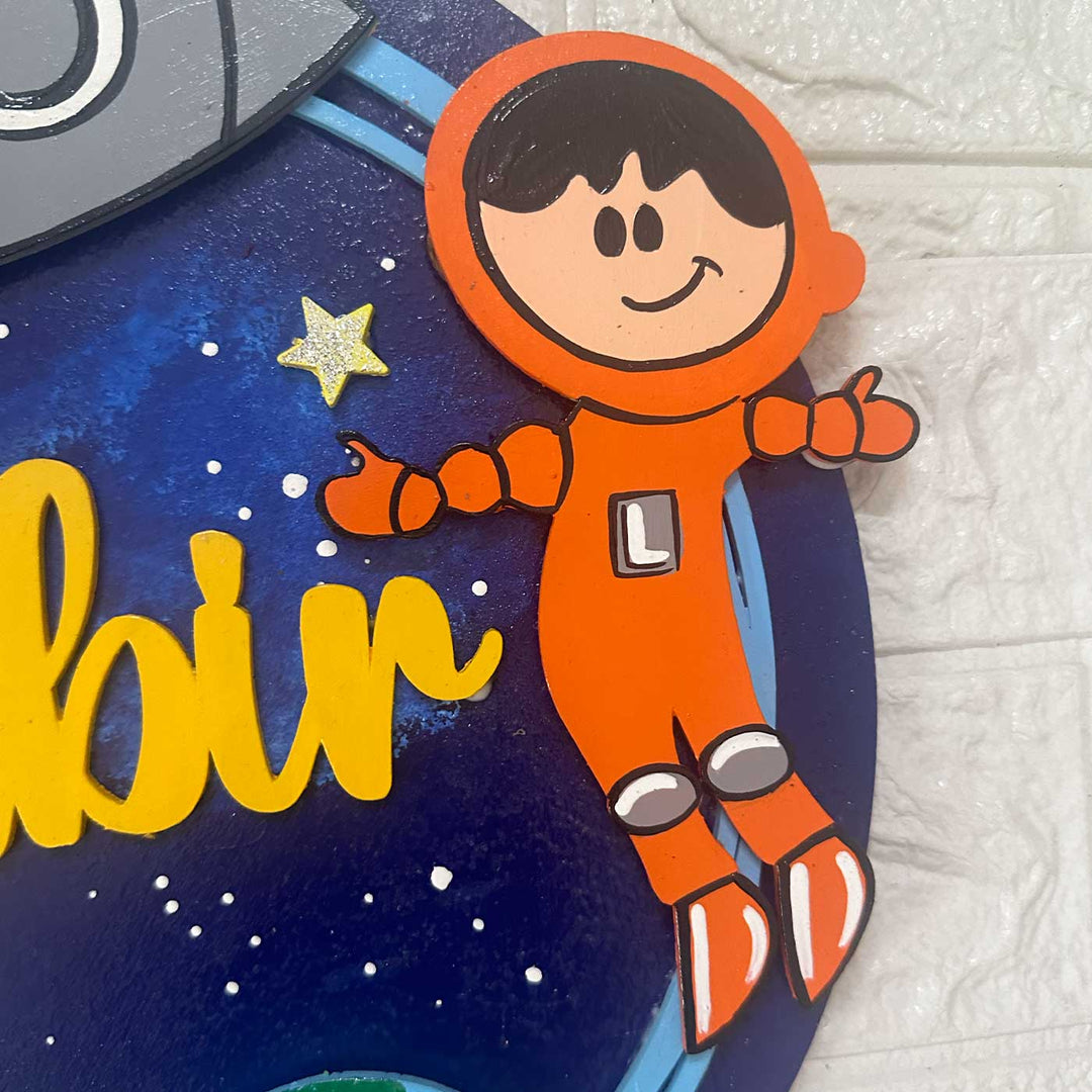 12 Inch Personalized Hand Painted Astronaut Adventure Mdf Wood Hanging With 3D Letters - Close-up of Character Detail