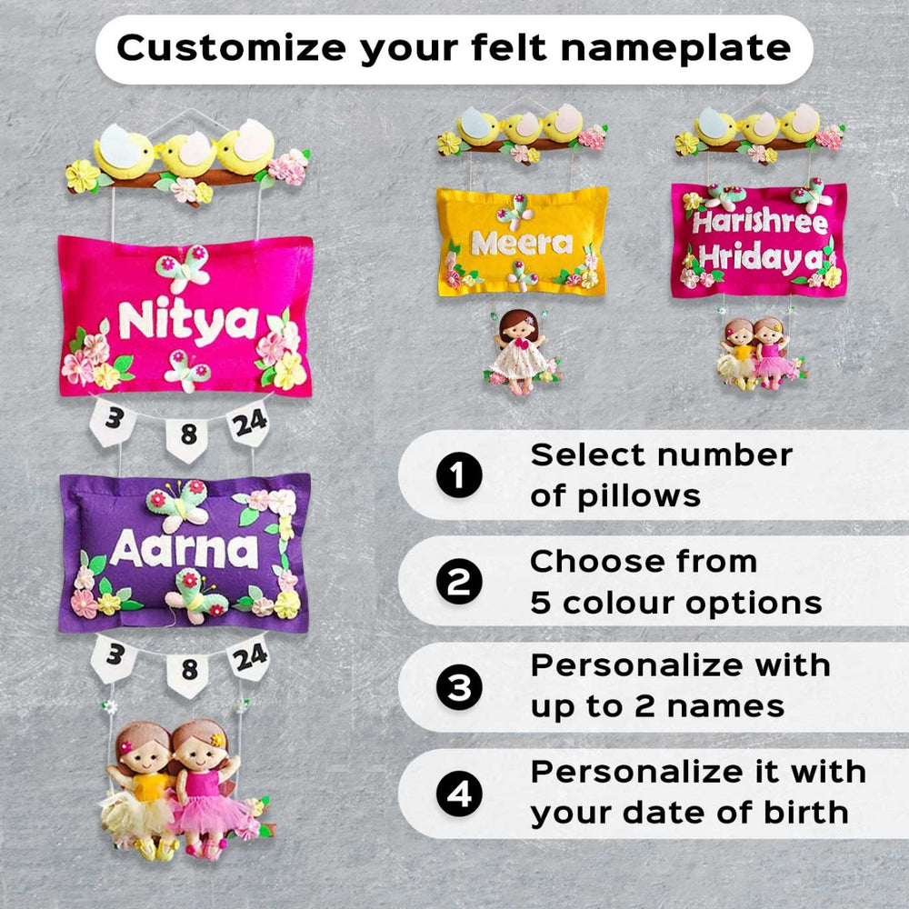 Hand Stitched Pillow Bird Themed Felt Kids Nameplate With Swing For Siblings - Name Personalization Example with Instructions