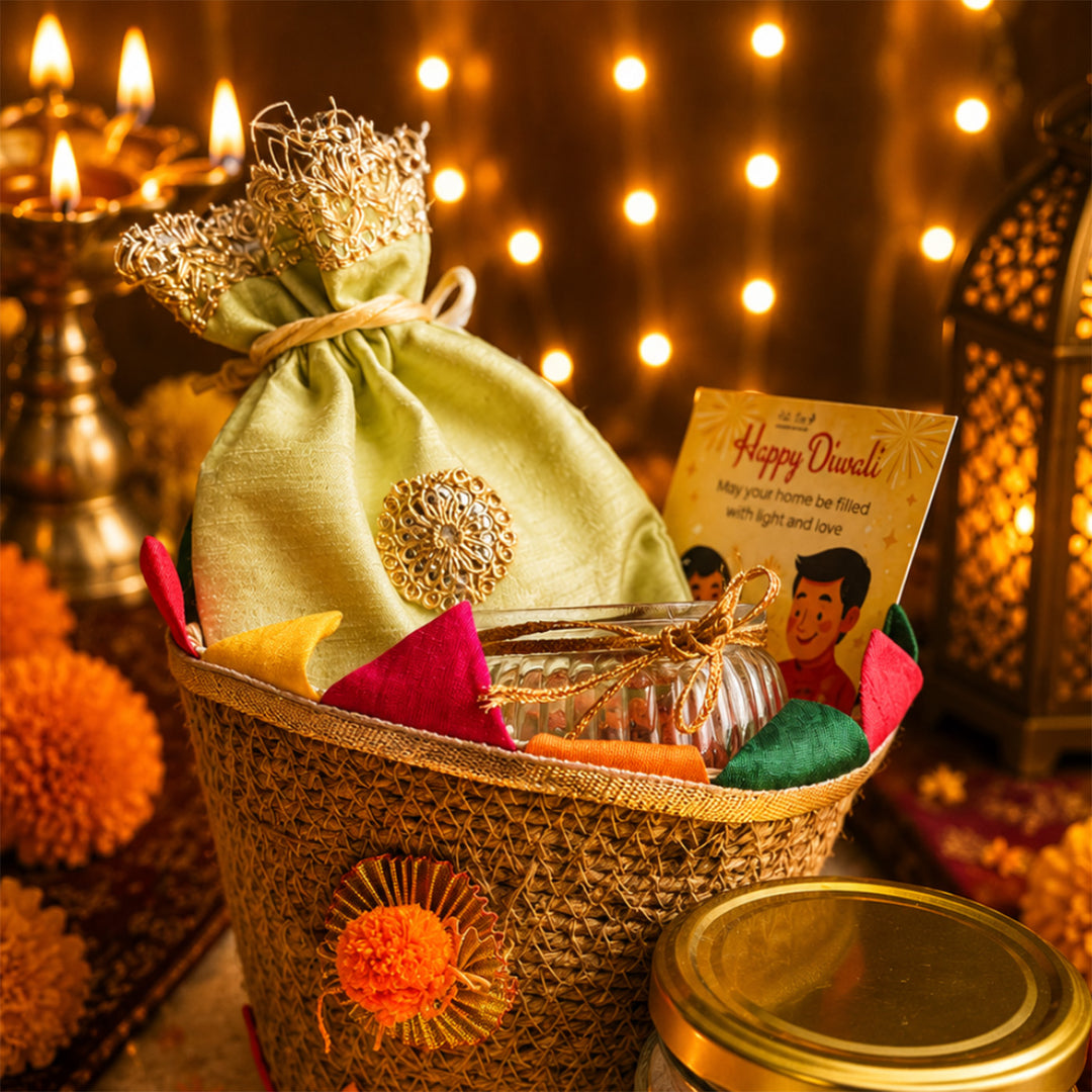Rangoli Multicolour Jute Basket Diwali Gift Hamper With Matka Soy Wax Candle And Shubh Labh Potli For Festive Gifting