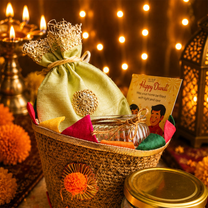 Rangoli Multicolour Jute Basket Diwali Gift Hamper With Matka Soy Wax Candle And Shubh Labh Potli For Festive Gifting