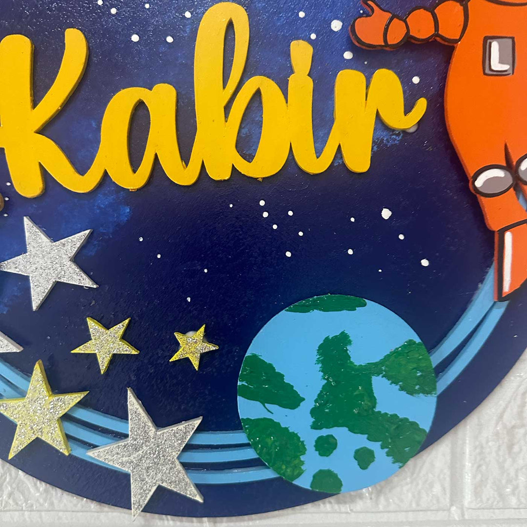 12 Inch Personalized Hand Painted Astronaut Adventure Mdf Wood Hanging With 3D Letters - Name Personalization Close-up