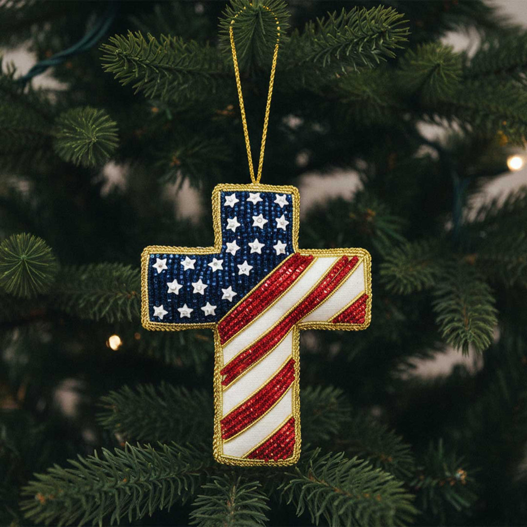 Stars And Stripes Cross Premium Zardozi Ornament