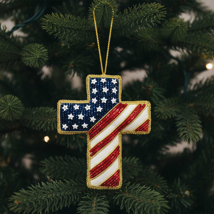 Stars And Stripes Cross Premium Zardozi Ornament