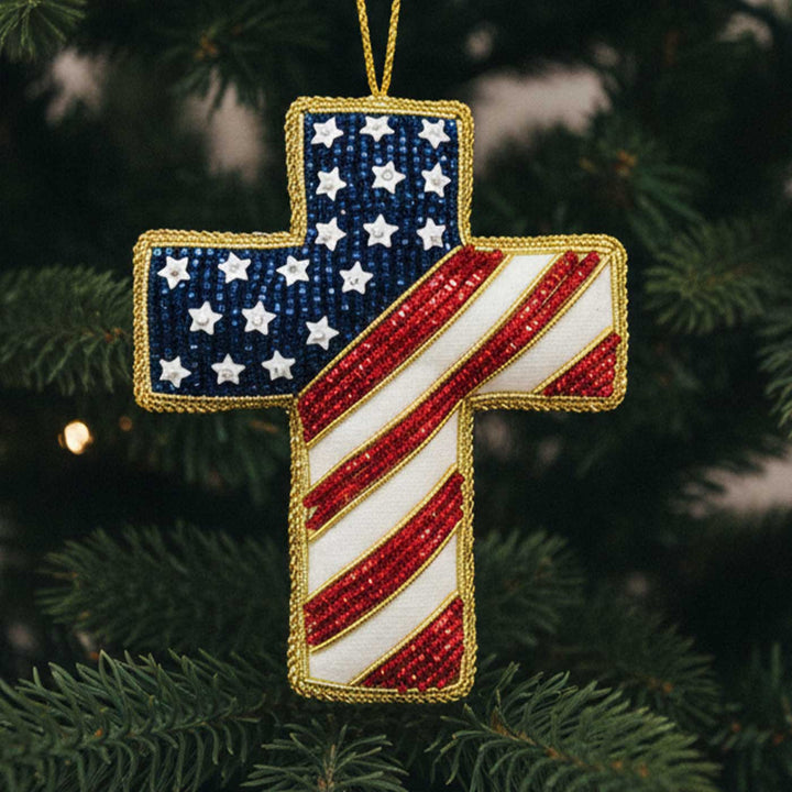 Stars And Stripes Cross Premium Zardozi Ornament