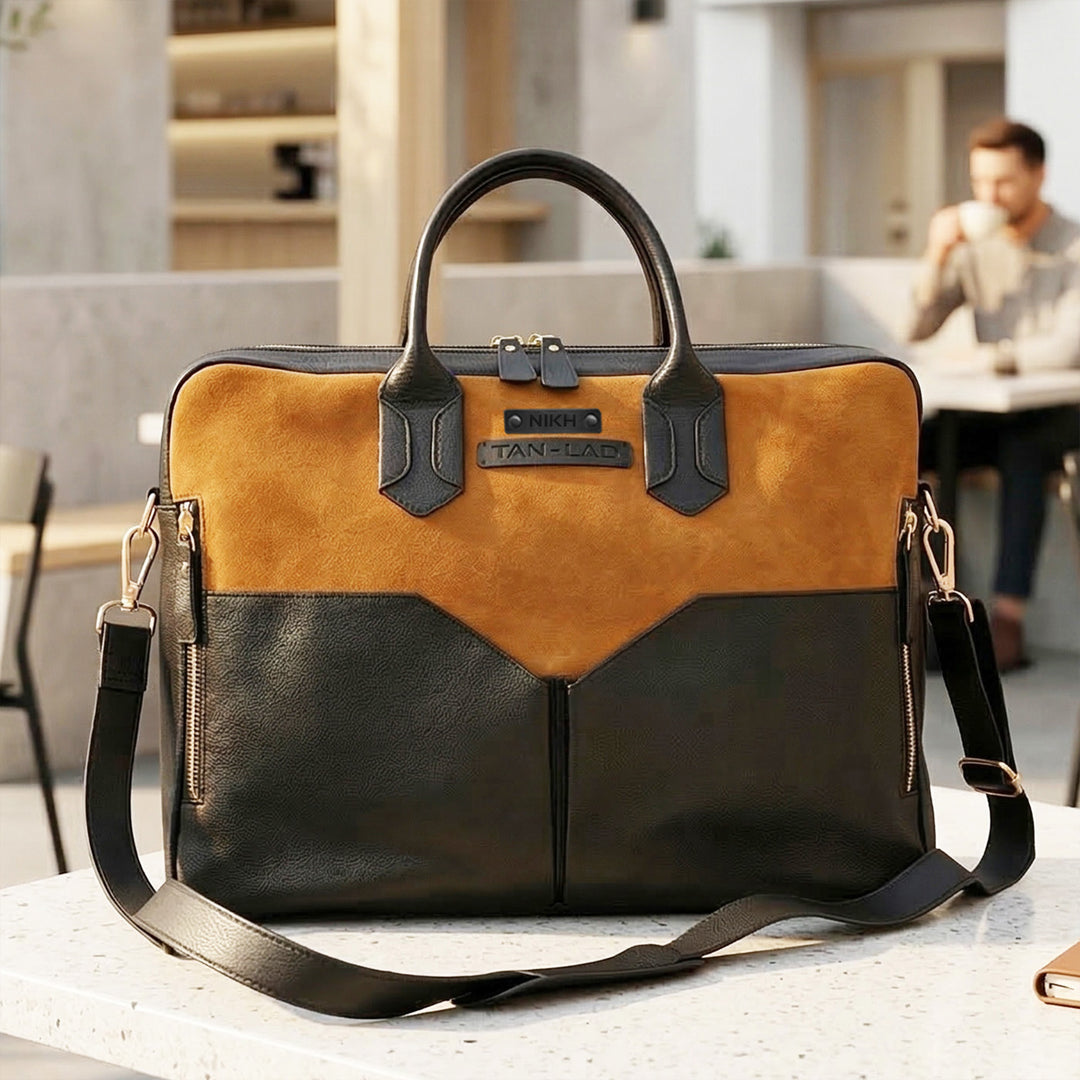 Personalized Orange & Black Jarvis Leather Laptop Bag