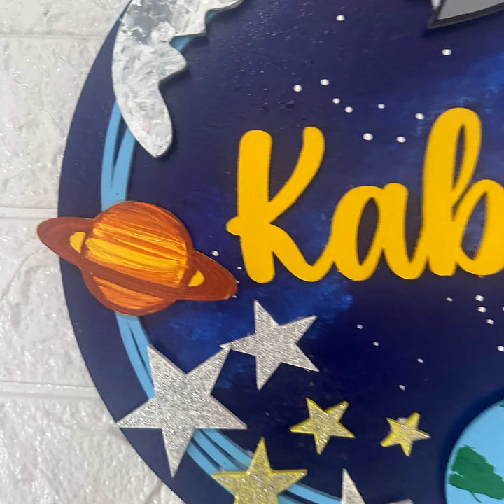 12 Inch Personalized Hand Painted Astronaut Adventure Mdf Wood Hanging With 3D Letters - Close-up Showing Decorative Detail