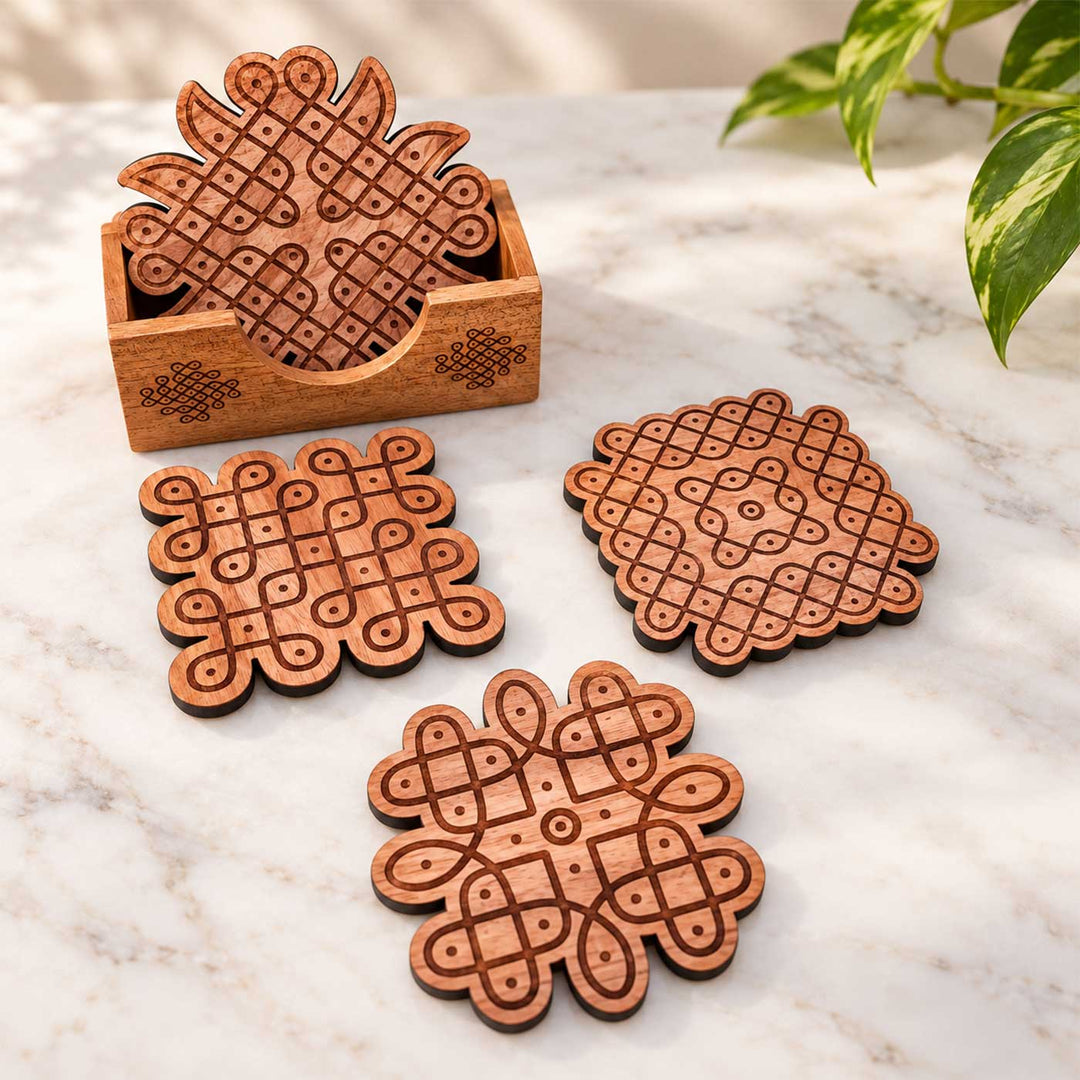 4 pc | Engraved Mahogany Wood Kolam Coasters With Holder For Coffee Table & Dining Decor