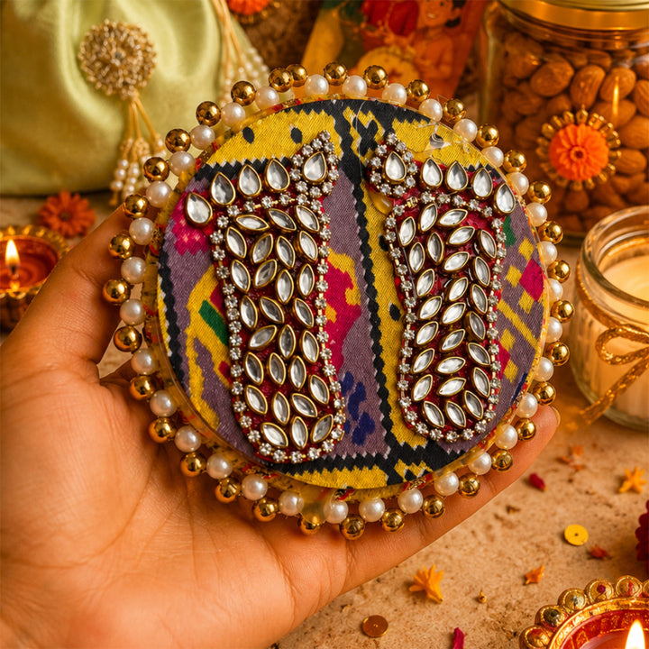 Rangoli Multicolour Jute Basket Diwali Gift Hamper With Matka Soy Wax Candle And Shubh Labh Potli For Festive Gifting