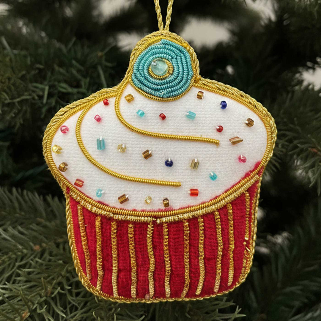 White Big Cupcake Cotton Premium Zardozi Ornament