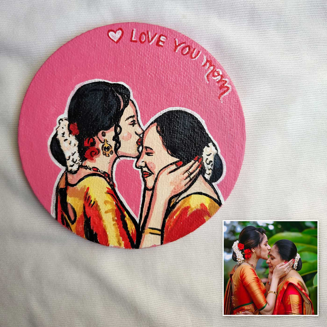 Personalized Photo Based Caricature Round Pink Fridge Magnet