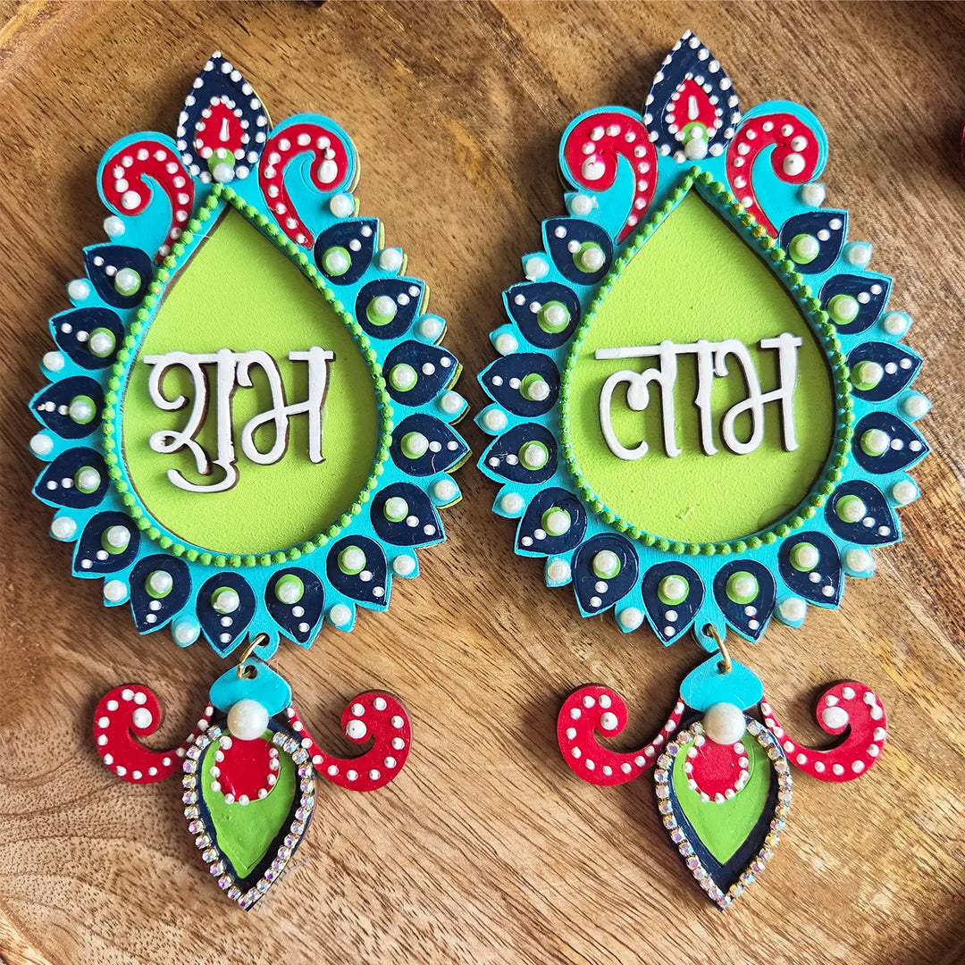 Hand-Painted Dot Art Peacock Theme MDF Wood Shubh Labh Hangings | Set Of 2