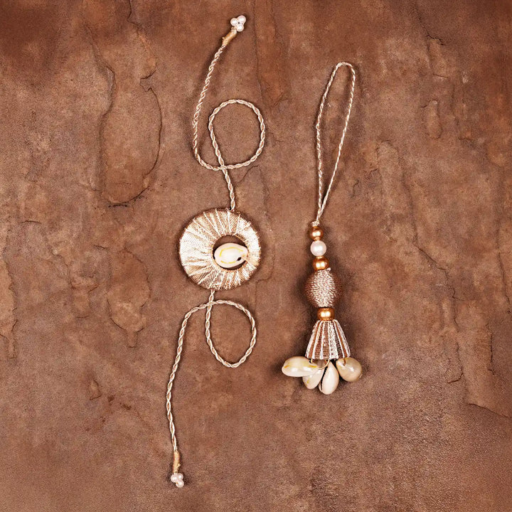 Handmade Gota Patti And Shells Bhaiya Bhabhi Rakhi With Roli Chawal Set Of 2 - Top View Arrangement