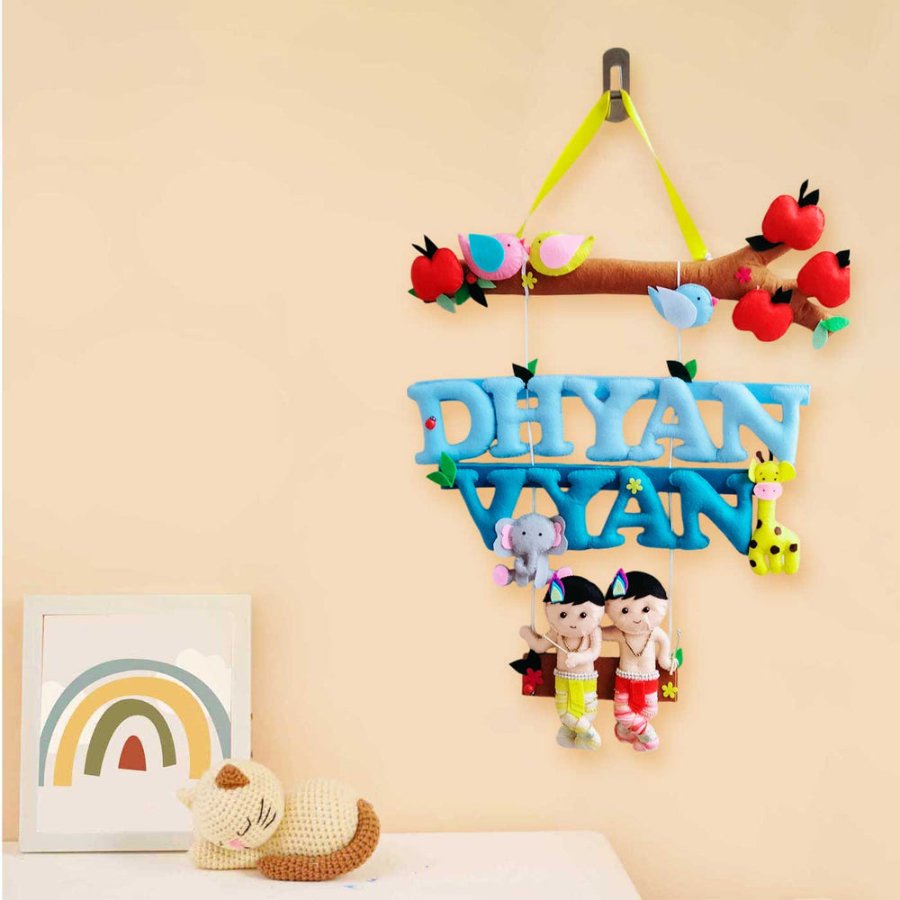Personalized Krishna Theme Felt Kids Name Plate For Siblings - Hanging Name Display Front View