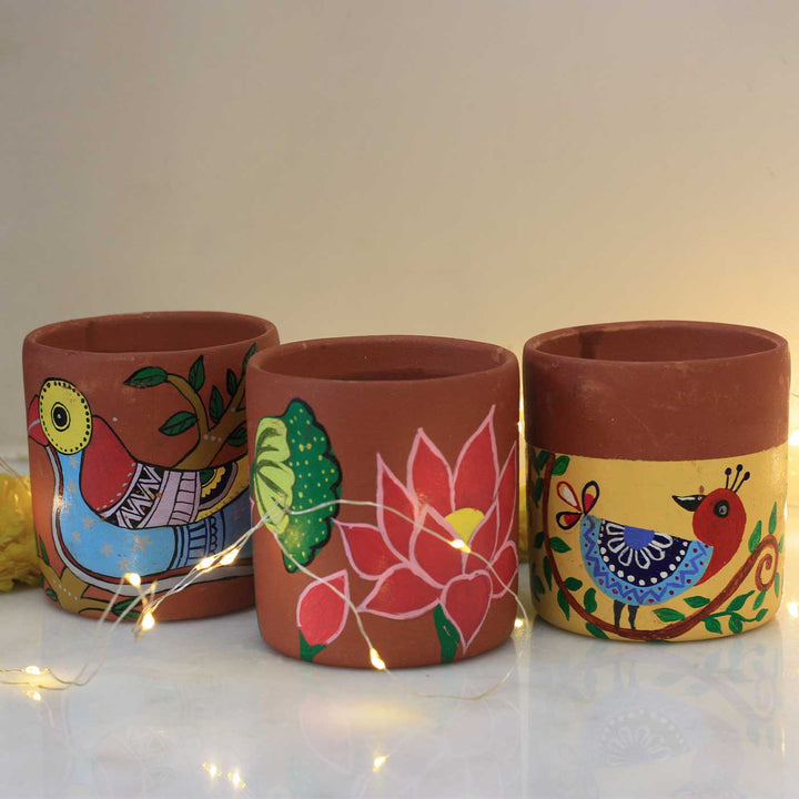 Hand-Painted Small Bird Madhubani Terracotta Candle Jars