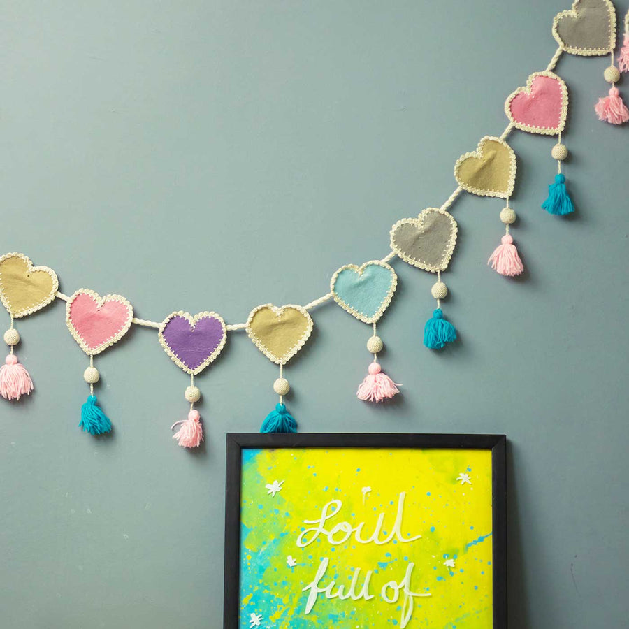 Handmade Crochet Heart Themed Felt Bunting - Hanging Decorative Garland Displayed