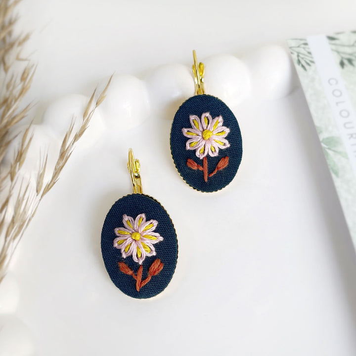 Hand Embroidered Twilight Bloom Golden Tone Earrings