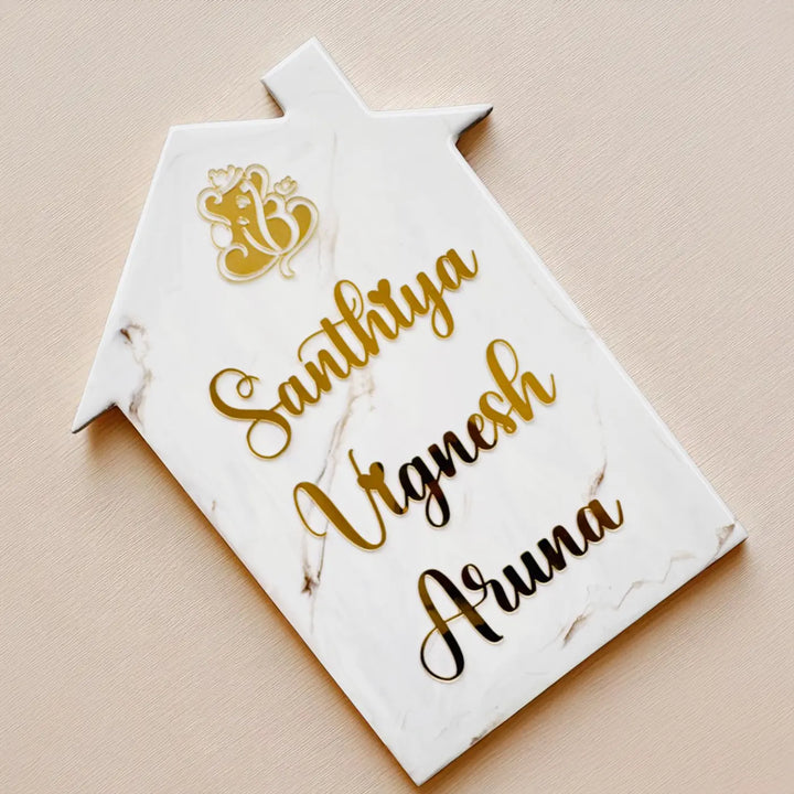 White Minimal Personalized Marble Effect House Shape Resin Name Plate | With 3D Acrylic Letters