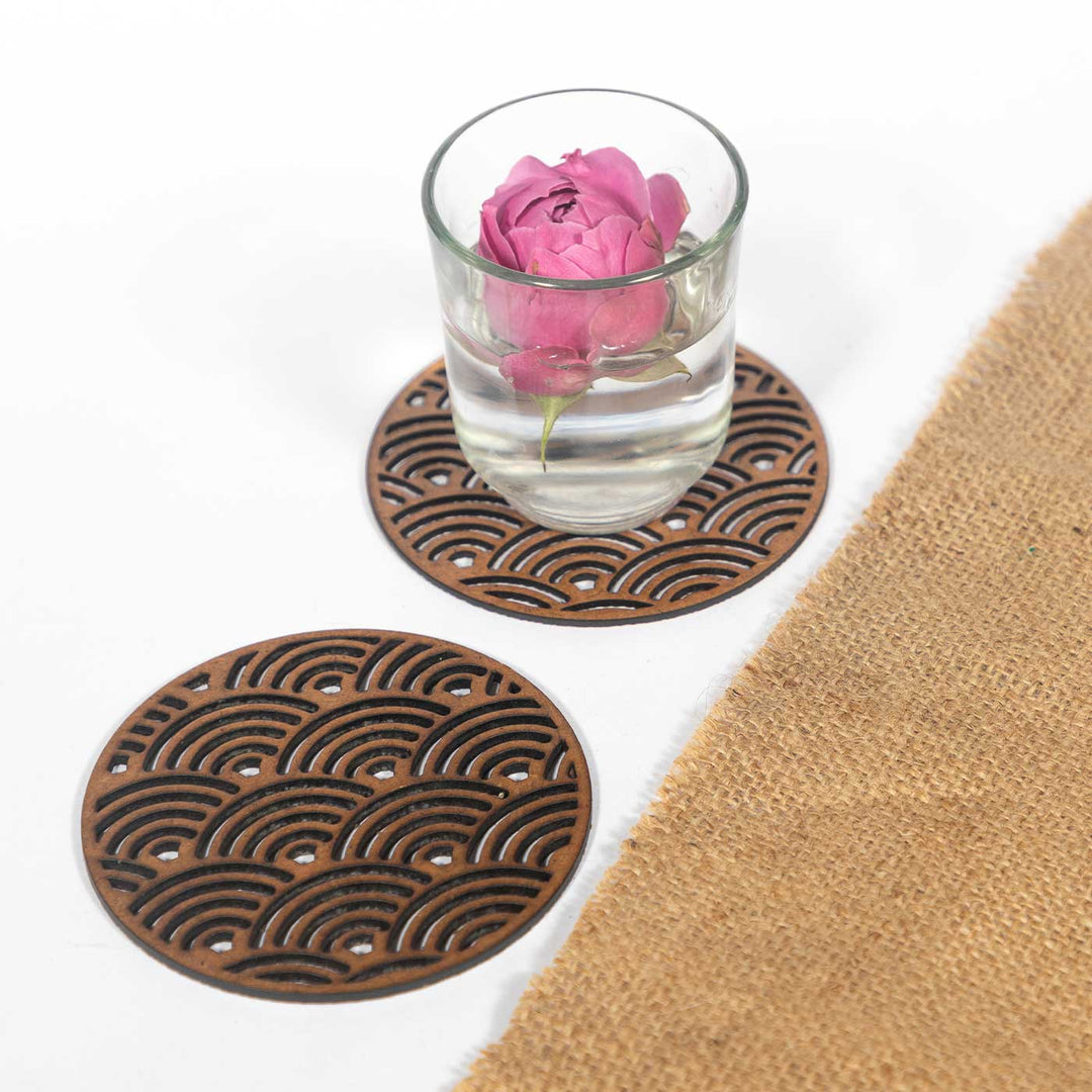 Japanese Wave Zen-Inspired Laser Art MDF Coaster Set  | Set of 6