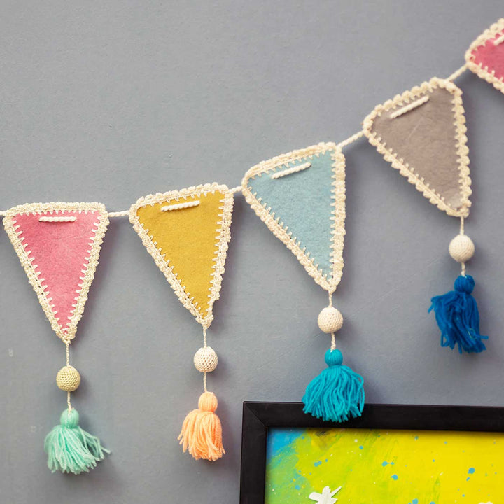 Handmade Crochet Triangle Themed Felt Bunting - Hanging Banner Close-up Display