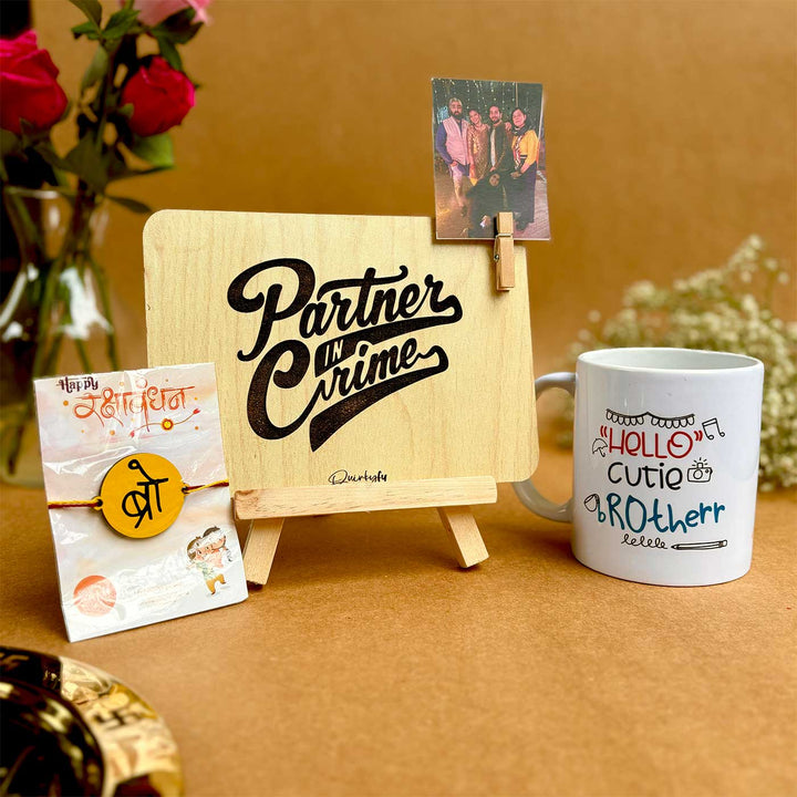 Photo Personalized Printed Cute Rakhi Hamper For Brother Includes 1 Plaque 1 Rakhi And 1 Mug - Gift Set Display with Accessories