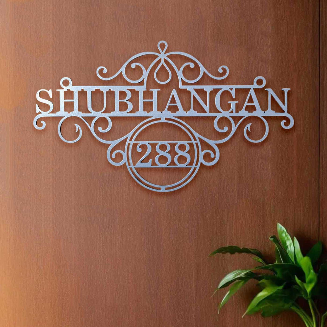 Personalize Ornate Weatherproof Name Plate With House Number - Mounted on Wall Front View