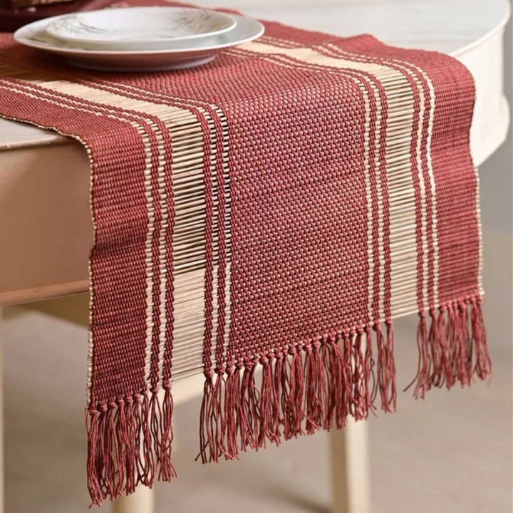 Hand Woven Double Striped Madhurkati Red Table Runner & Table Mat