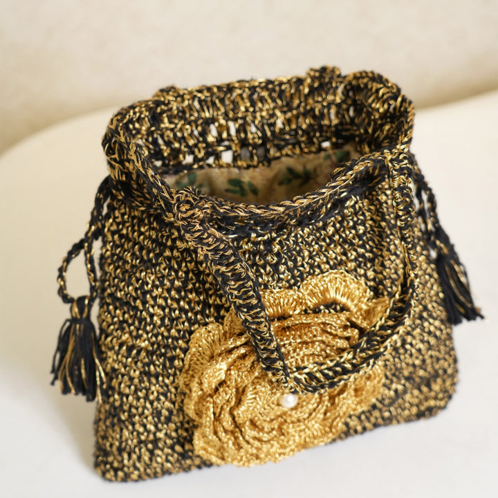 Handmade Crochet Black & Golden Midnight Bloom Potli