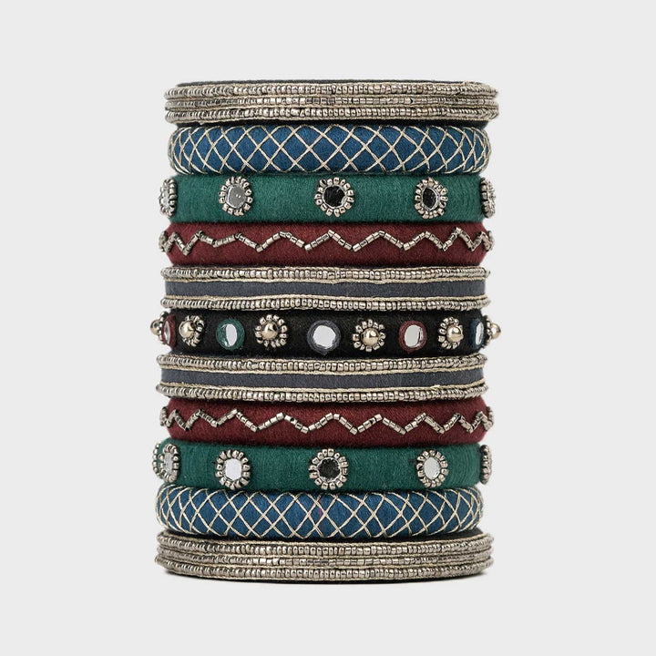 Multicolour Handcrafted Krisha Silver Beads & Mirror Work Bangles | Set of 11