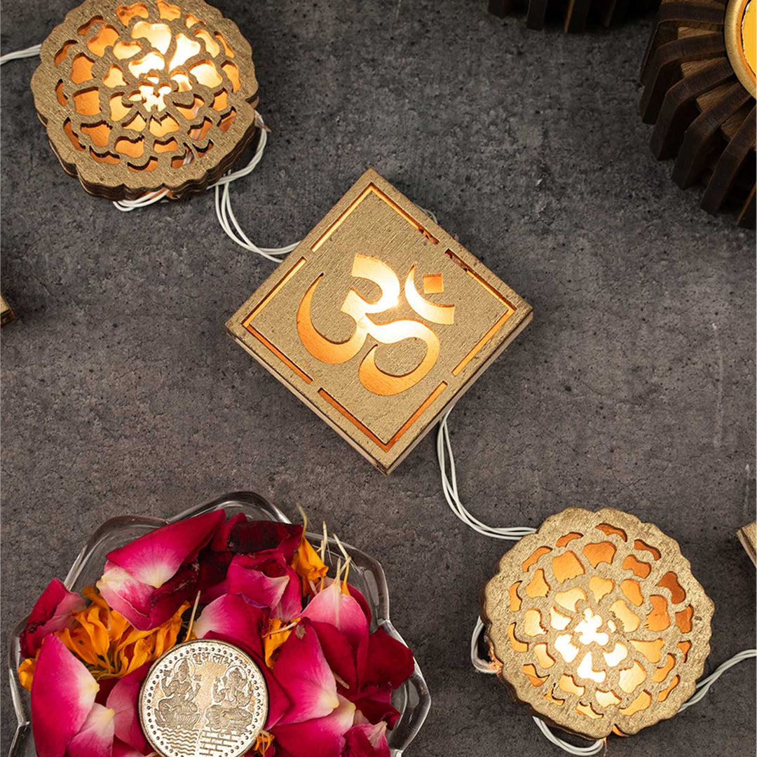 3 m, 11 Bulbs | Handmade Decorative Om & Swastik Shape 3D Wooden LED Fairy Light