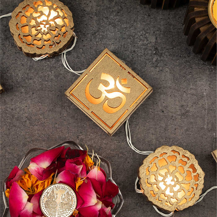 3 m, 11 Bulbs | Handmade Decorative Om & Swastik Shape 3D Wooden LED Fairy Light