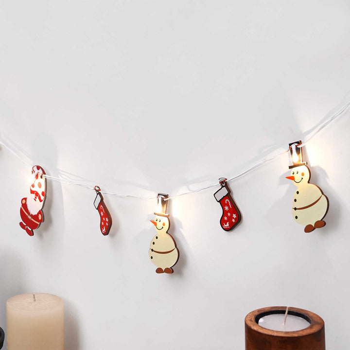 3 m, 14 Bulbs | Decorative Pine Wood Snowman & Santa LED Fairy Light