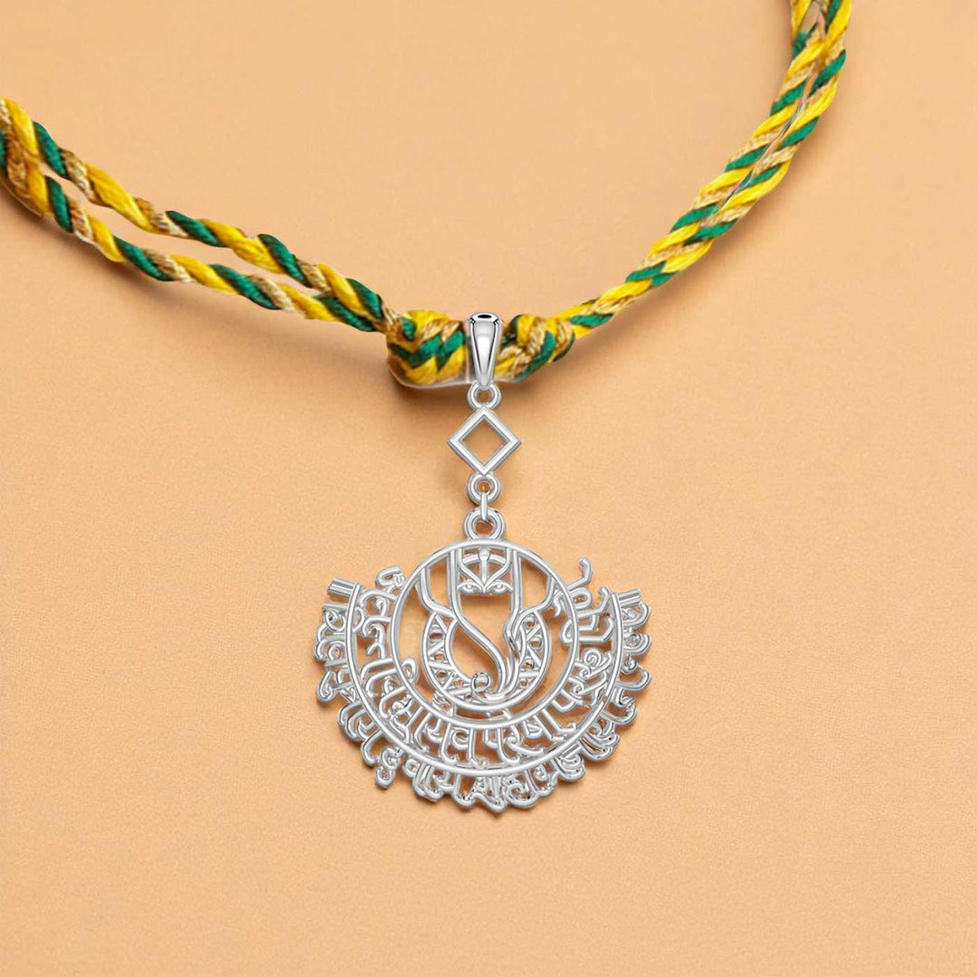 Handmade Ganesha Theme Religious Silver Lumba Rakhi For Bhabhi - Alternative Pendant Close-up on Rakhi