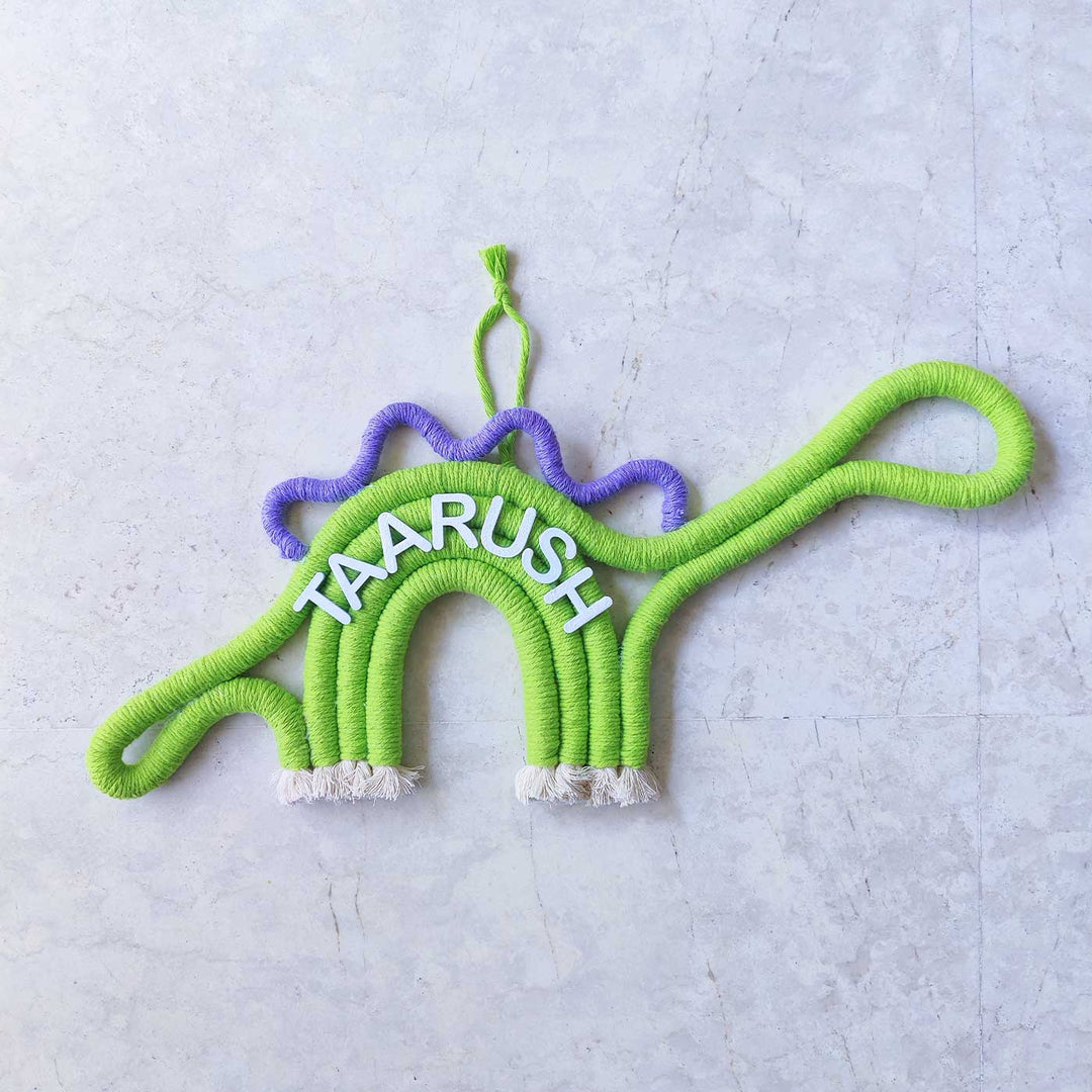 Personalized Handmade Macrame Dinosaur Kids Name Plate With 3D Letters - Top View with Name Personalization