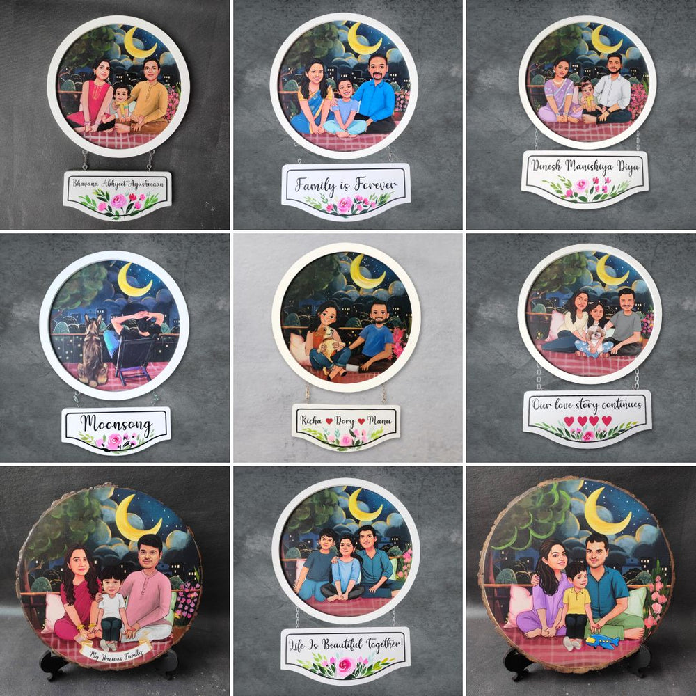 Photo Caricature Hanging Nameplate Small Family 2 - Nine Personalized Illustration Examples