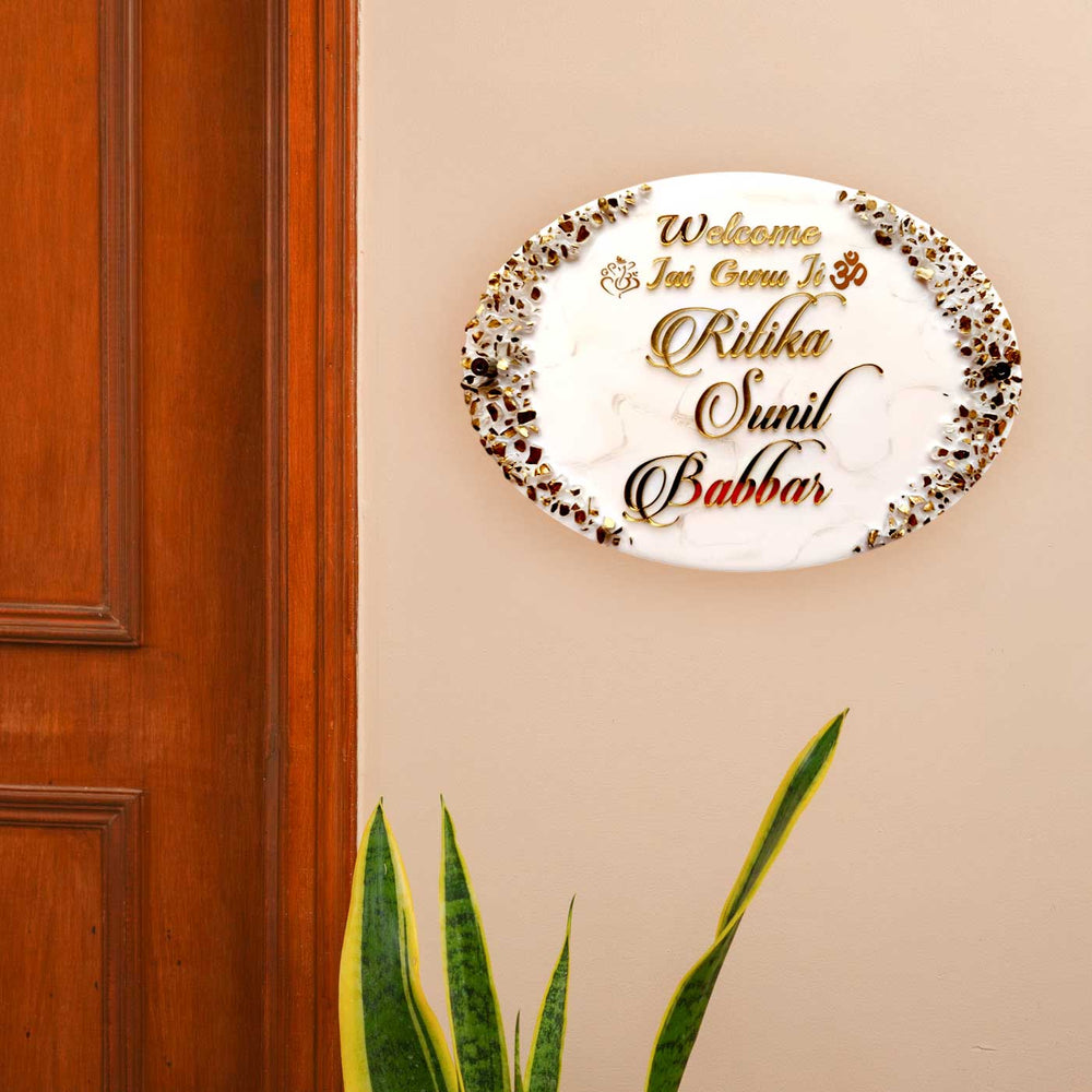 Personalized Gold And White Theme Resin And Acrylic Waterproof Name Plate - Mounted on Entryway Wall