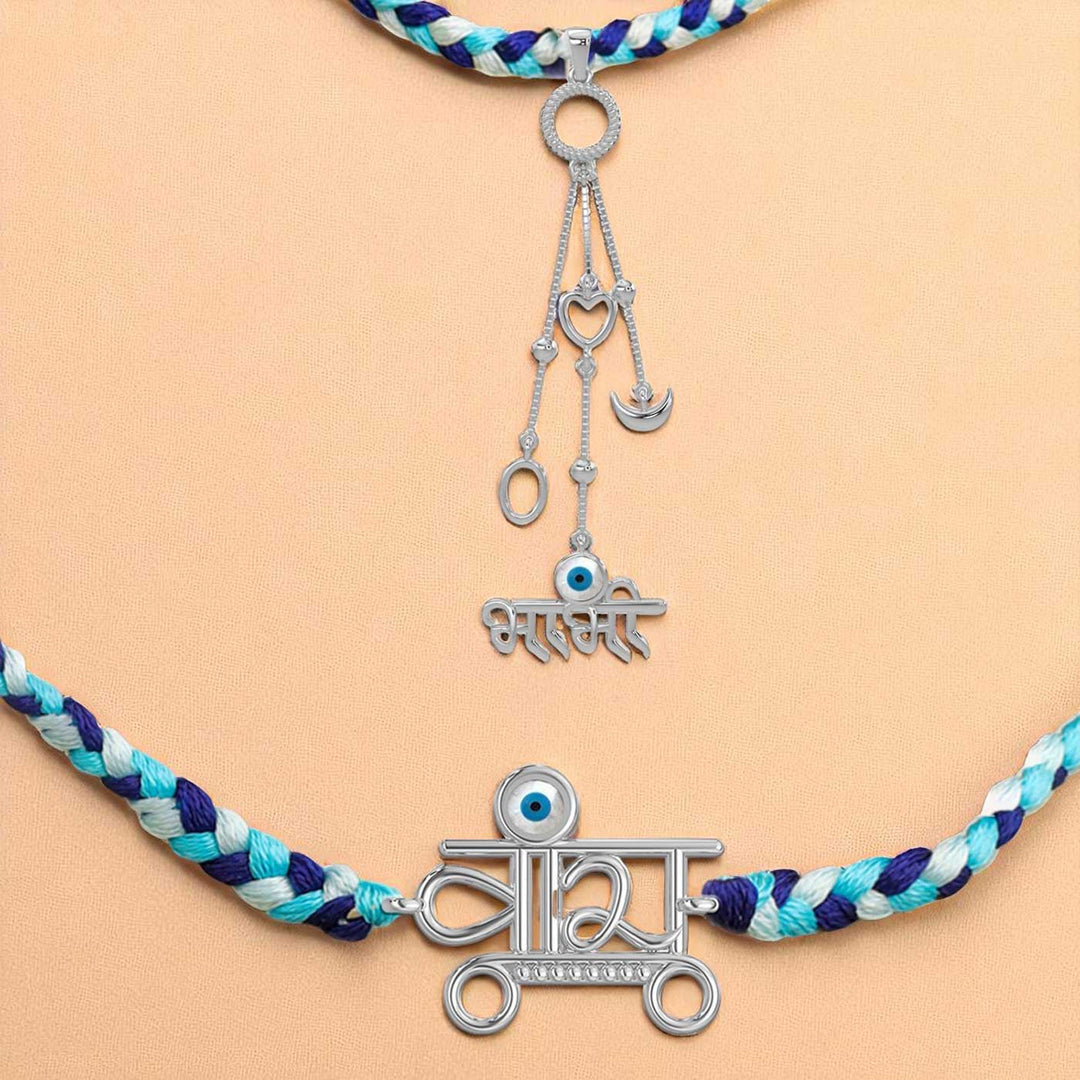 Handmade Evil Eye Design Silver Bhaiya Bhabhi Rakhi - Neck and Bracelet Display