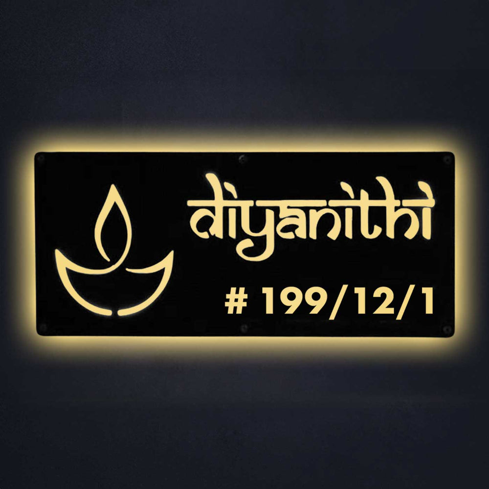 Personalized Waterproof Diya Design Laser Cut Metal Led Name Plate - Front View Illuminated at Night