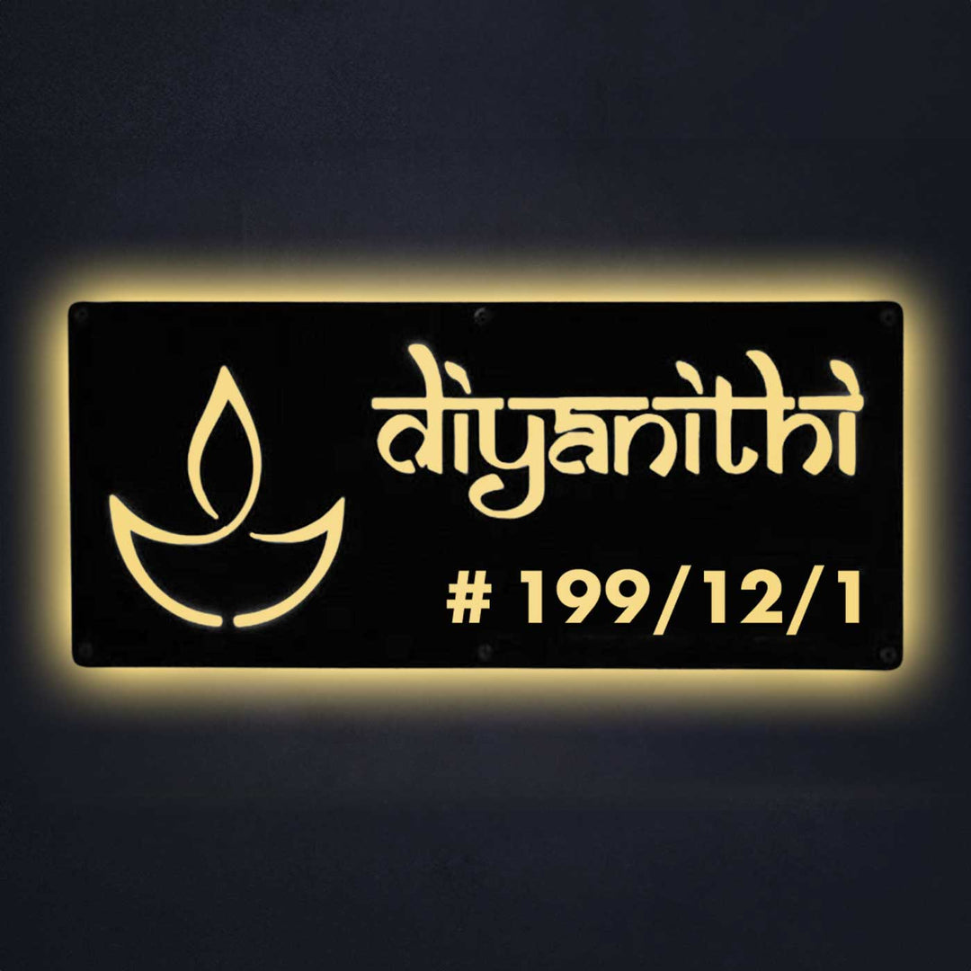 Personalized Waterproof Diya Design Laser Cut Metal Led Name Plate - Front View Illuminated at Night