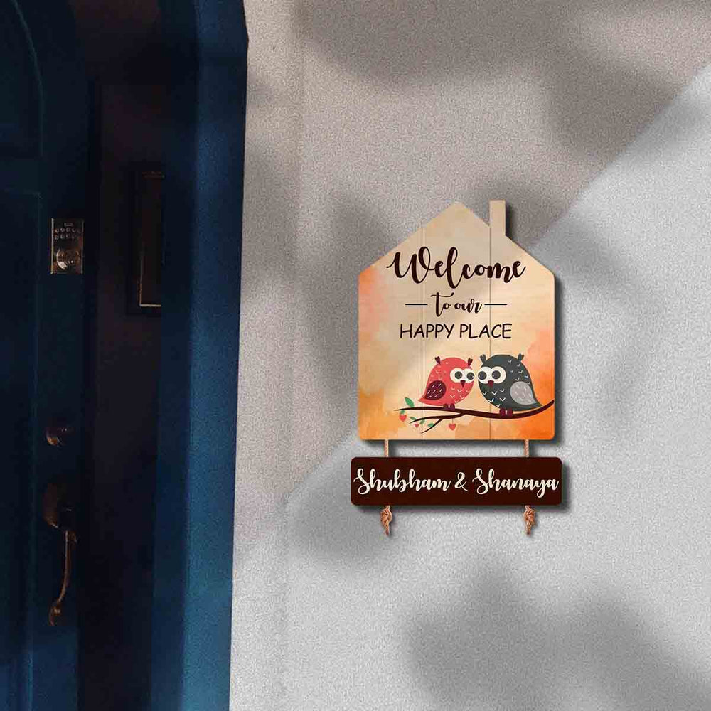 Printed Wooden House Shaped Owl Nameplate For Family With 2 Children - Mounted on Wall Near Doorway