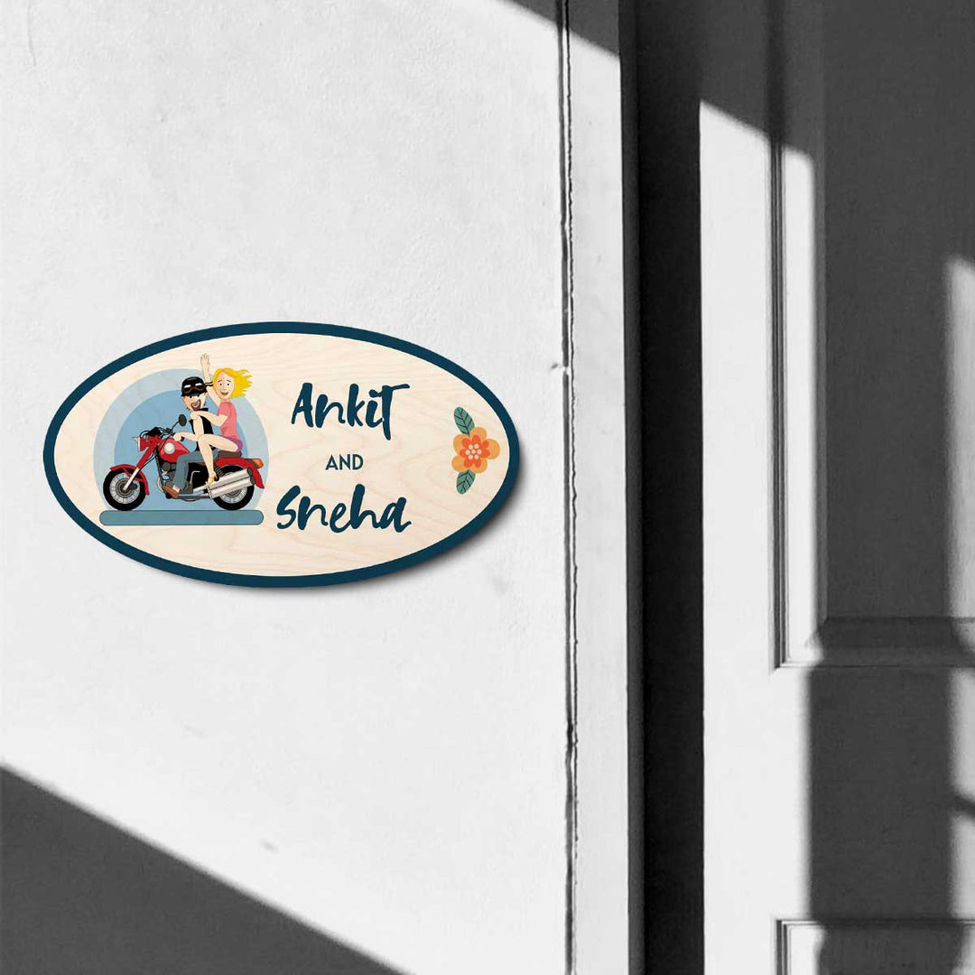 Printed Wooden Oval Character Nameplate For Couples 1 - Mounted on Wall Personalized Sign